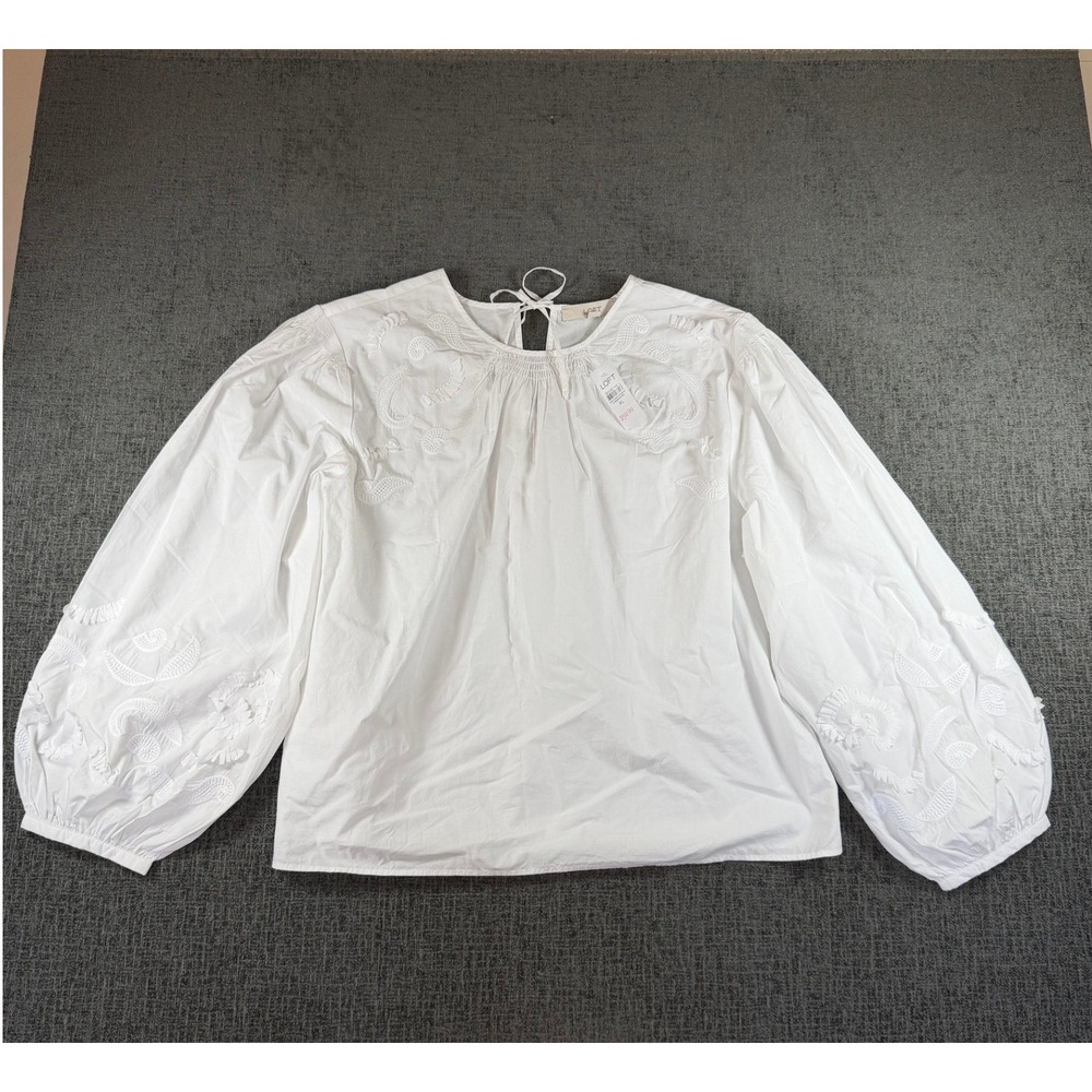 LOFT White Embroidered Balloon Sleeve Cotton Blouse XL NWT